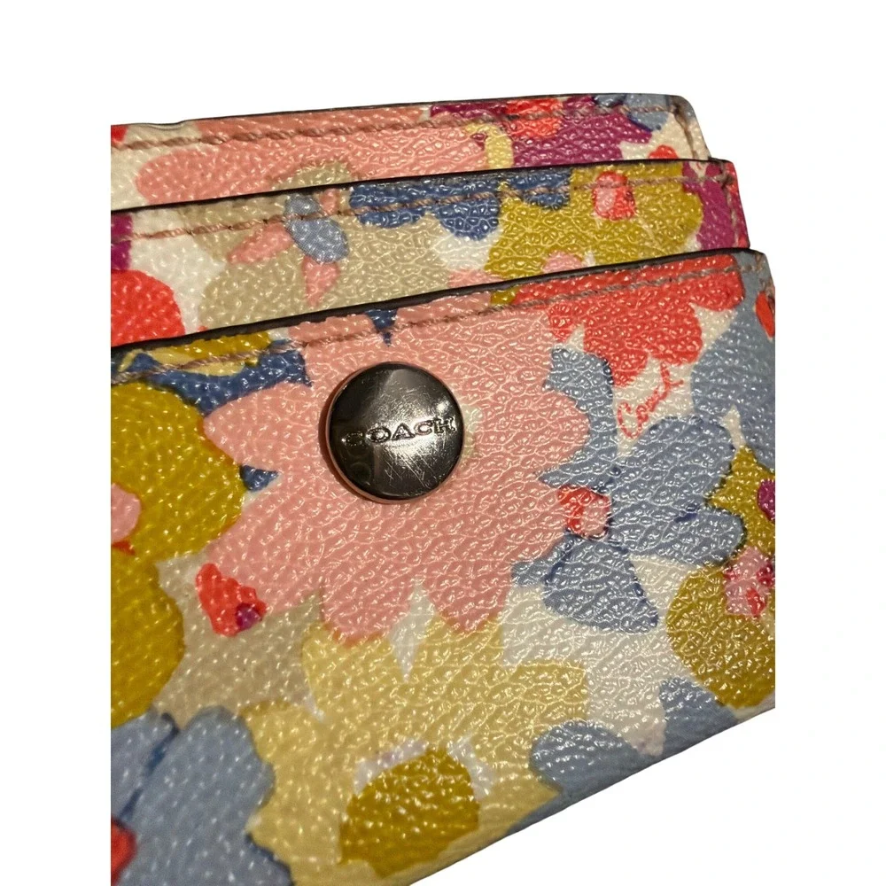 Coach Card Case Floral Cottagecore Womens OS Multi Color Leather Slim Wallet - Picture 2 of 6